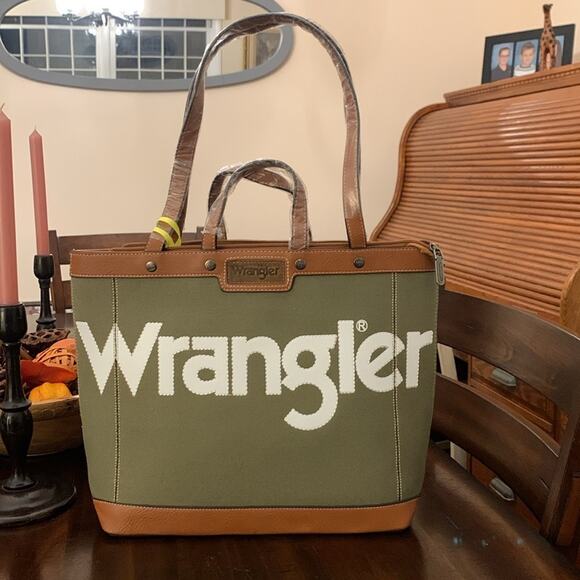 NWT Wrangler Leather Trim Canvas Tote Bag Shoulder Bag - Green - Picture 2 of 11